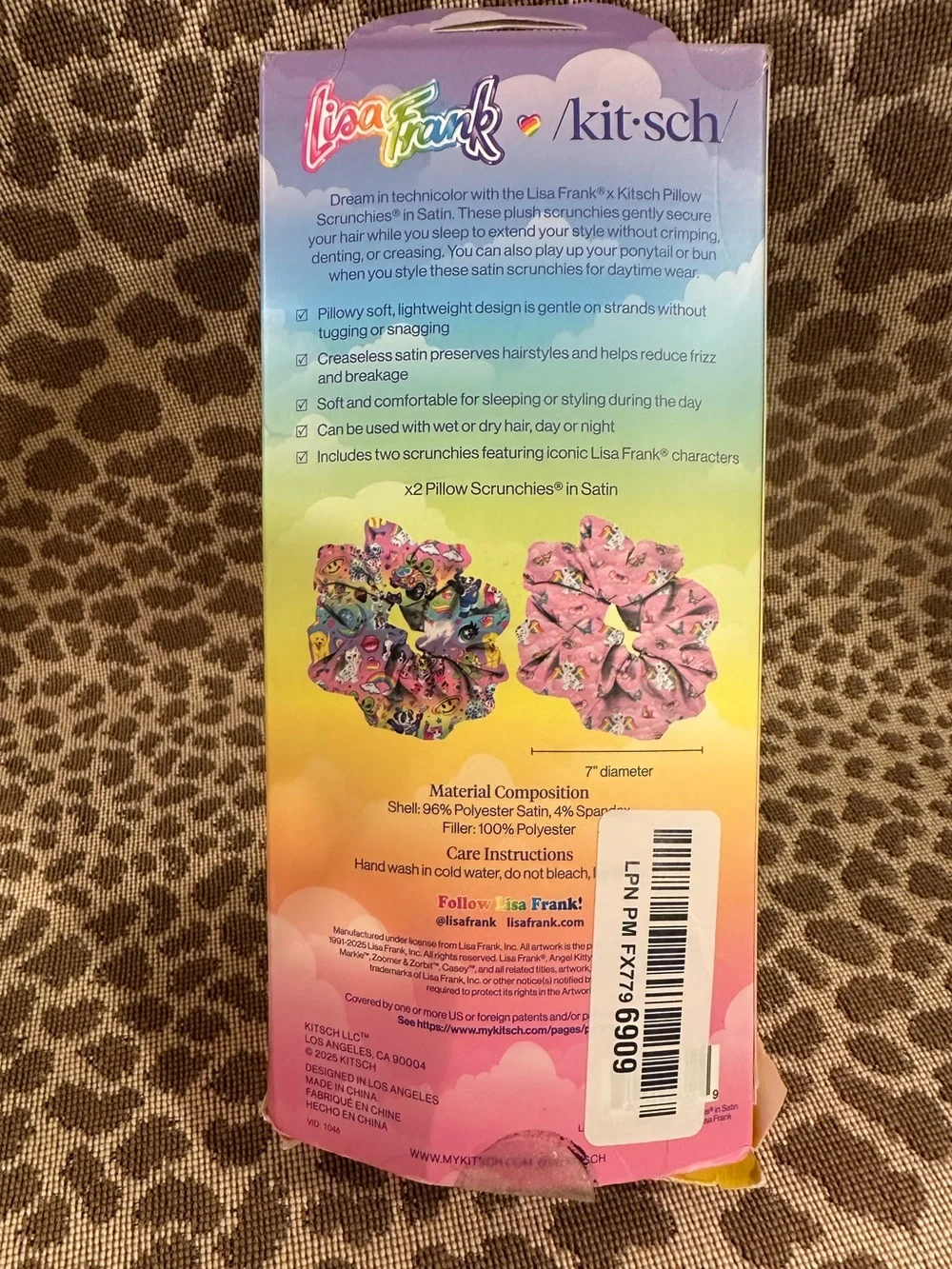 Kitsch x Lisa Frank Pillow Scrunchie In Satin 2 Piece Set~Oversized~New In Box!